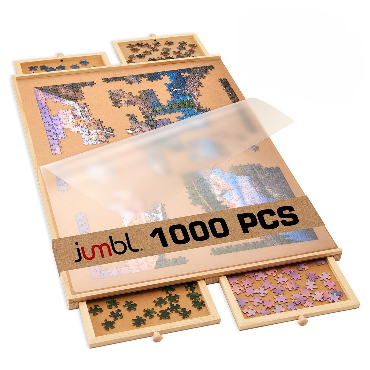 Jumbl Puzzle Board with Drawers, Lazy Susan & Cover - Rotating Wooden Jigsaw Puzzle Table